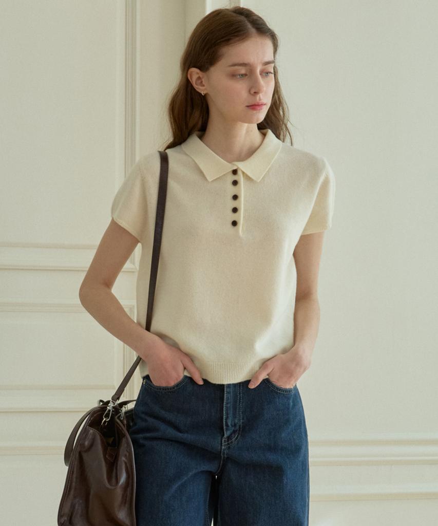 Hillioteu Heal Collar Button Half Knit_Ivory