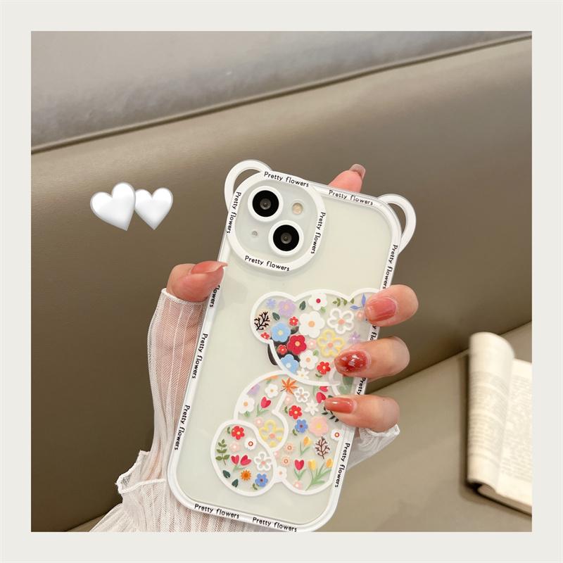 Highend Luxury Quality Flowers Cute Cartoon Bear Phone Case For iPhone 16 Pro Max 15 14 13 12 11 X XS XR Plus Transparent Soft Shockproof Cover