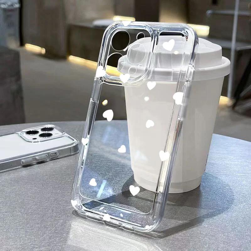 Cute Cartoon Love Heart Phone Case For iPhone 16 17 Air Pro Max 14 12 13 11 15 Case Mini 7 8 Plus Transparent Soft Cover