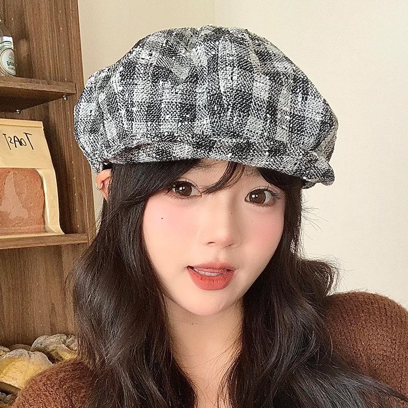 Autumn Japanese Retro Versatile Houndstooth Beret Sweet and Fashionable High End Octagonal Hat Big Head Circumference Showing Small Face