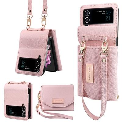 Lanyard Wallet Leather Cards Solt Case For Samsung Galaxy Z Flip 6 5 4 Flip4 5G Purse Bag Hand Strap Skin Feeling Back Cover