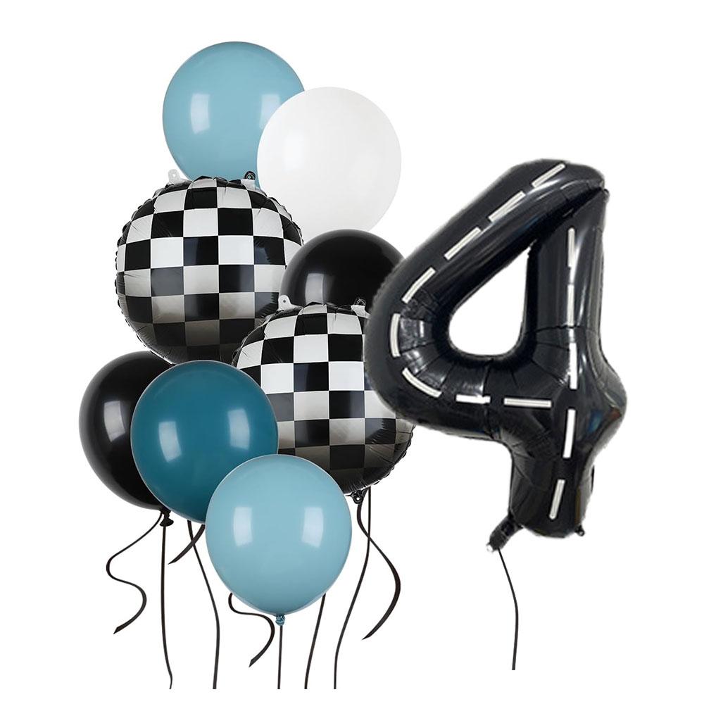 9pcs Race Car Balloons Set Checkered Balloon Blue Black Balloon Boys One Happy 1st 2nd Vintage Two Fast Theme Party Number Decor