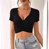 Women Sexy V Neck Slim Fit Cropped Short Sleeve Knit Solid T Shirt