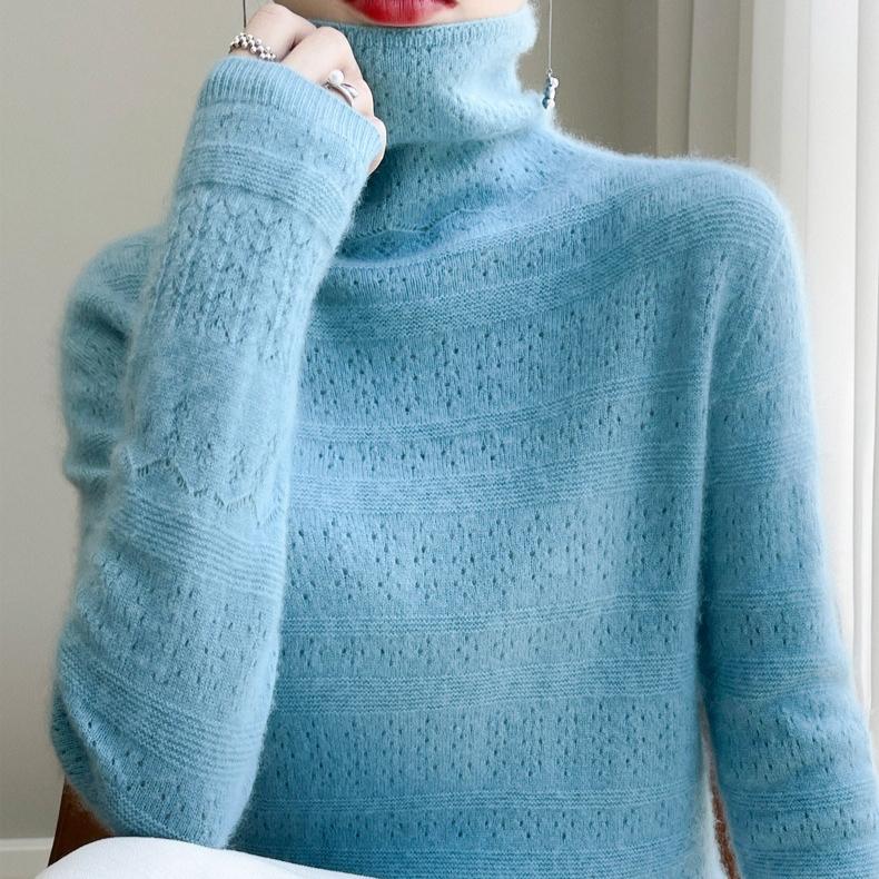 For Autumn and Winter Piled Turtleneck Sweaters Trendy Cut-out Knitted Sweaters for Women and Solid-color Casual Pullovers