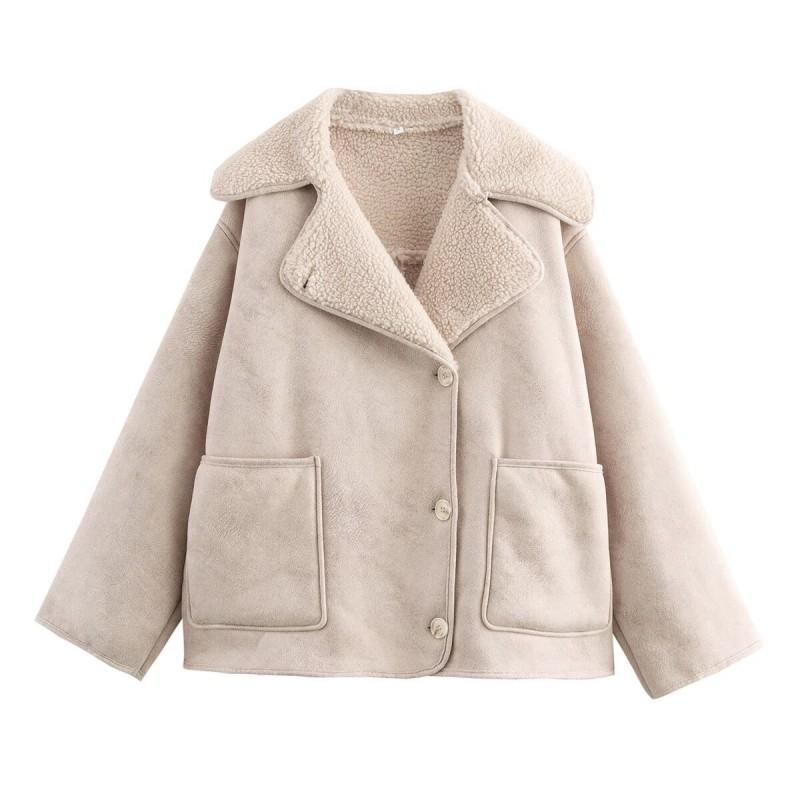 Womens Faux Fur Collar Long Sleeve Jacket In Solid Colors - Streetwear Style Regular Fit Mid-Length