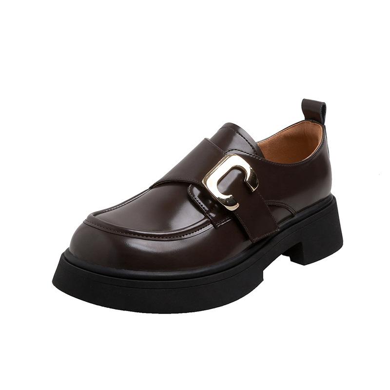 Małe skórzane buty, nowe damskie miękka skóra styl brytyjski gruba podeszwa czarne wszechstronne półokrągła klamra podwyższające buty na płaskiej podeszwie