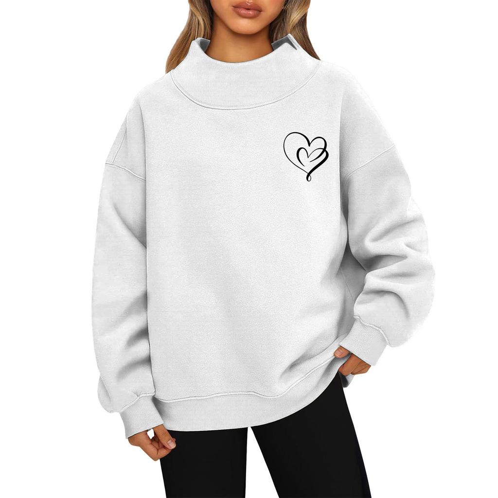 Women's Valentine's Day Print Fashion Loose High-Collar Long Sleeve Solid Color Sweatshirt Pullover
