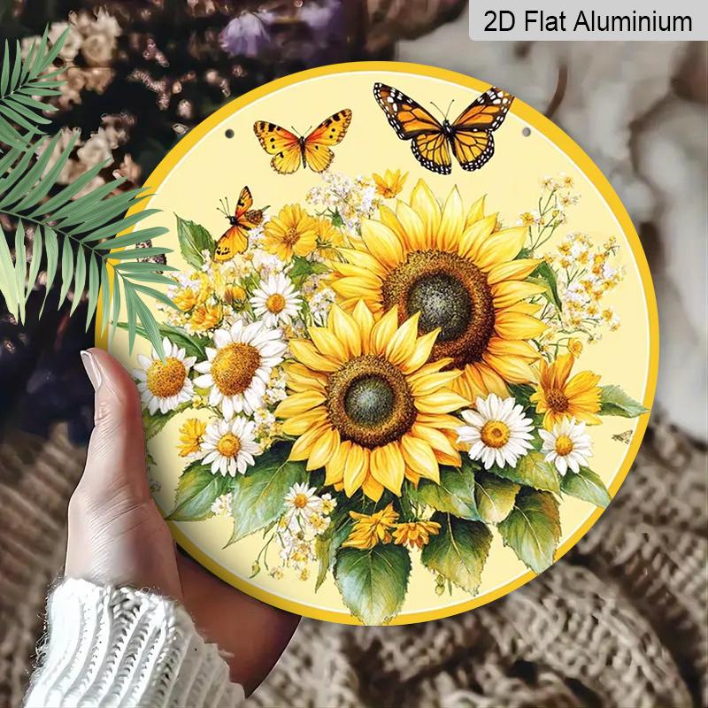 2D Flat Aluminum Retro Sunflower-Themed Wall Art 7.87 Inches X 7.87 Inches Rustic Style Perfect for Gardens, Farmhouses, Bars, Cafes, Parties, Front