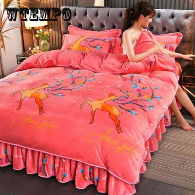 King Size/Queen Size/Twin Size Winter Flannel Bed Skirt Quilt Cover Pillowcase Four-piece Set Thickened Warm Simple Bedding High Quality