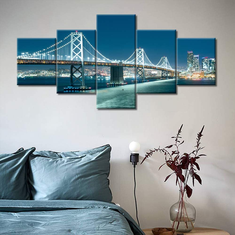

5 шт., Франциско, город, дуб, мост через залив, городской свет в ночное время, 5 шт., картины на холсте, настенное искусство, HD печать, без рамки