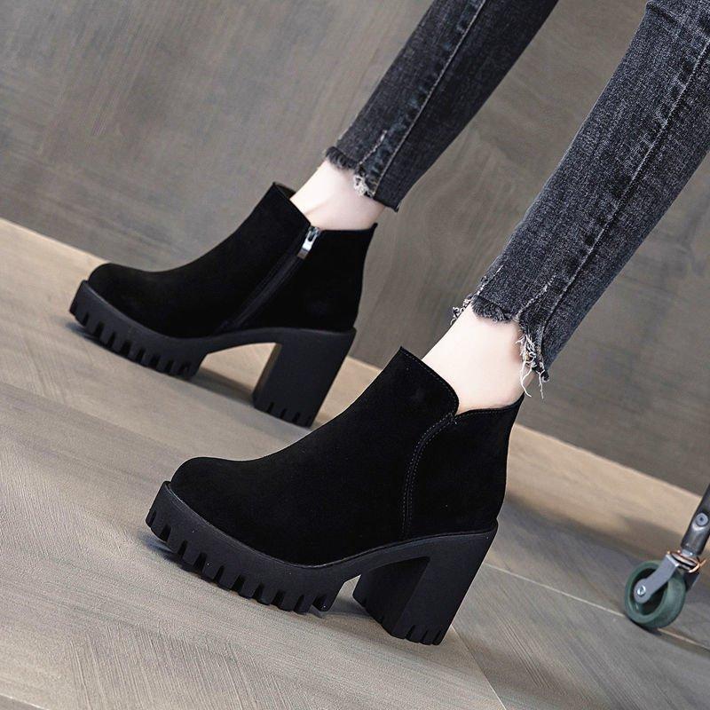 Women's High-Heel Boots, Chunky Heel Boots for Fall/Winter, Fleece-Lined Thick-Sole British-Style Short Boots