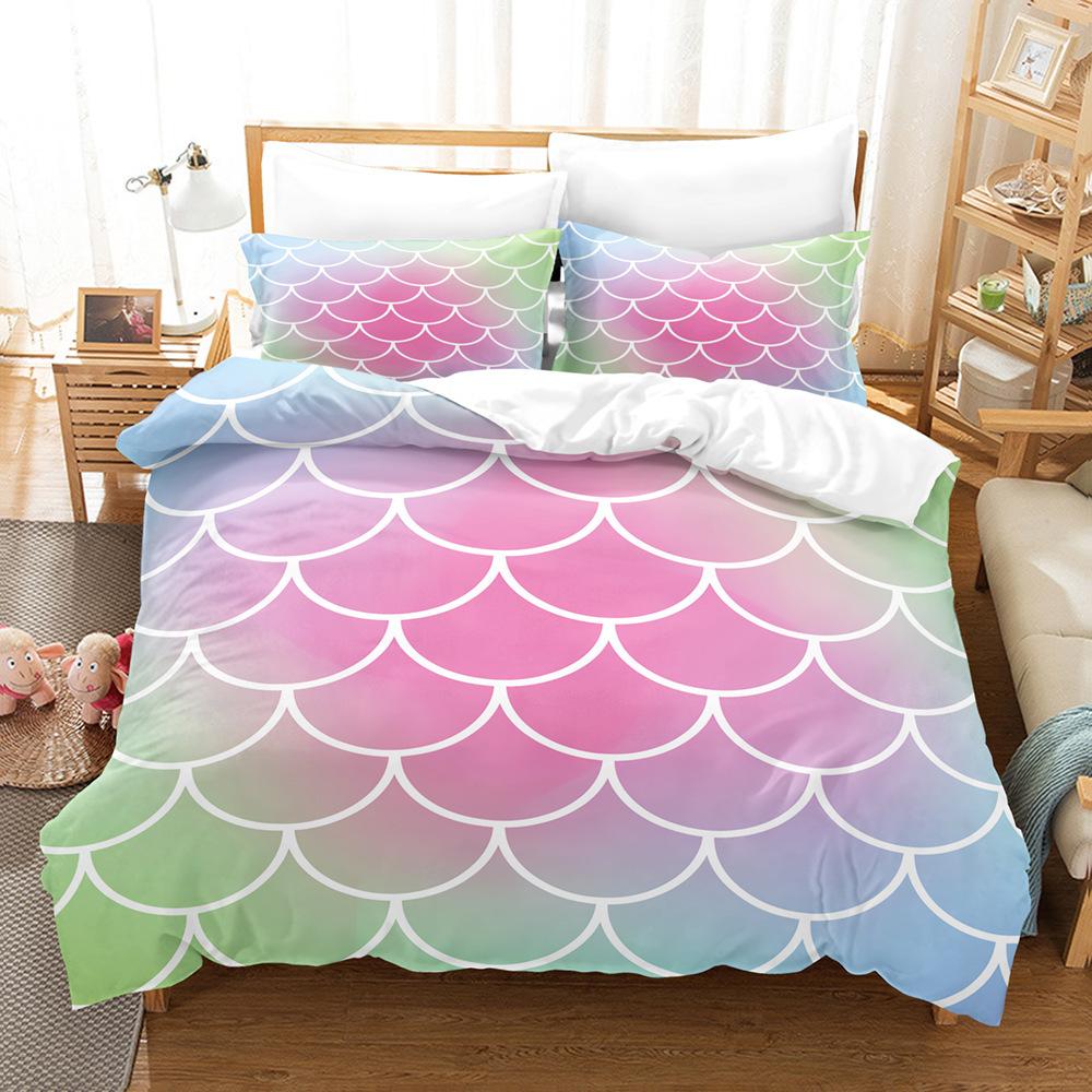 Laser Gradual Change Fish Scale 3D Digital Printing Three-Piece Set, Quilt Cover Pillowcase