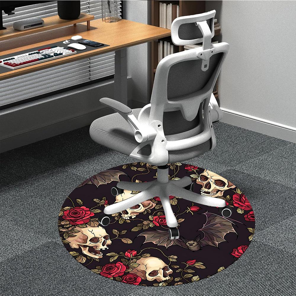 1pc Skull Roses Bats Pattern Office Round Rug, Carpet for Office, Gaming, Lightweight Round Floor Mat Yy260208090
