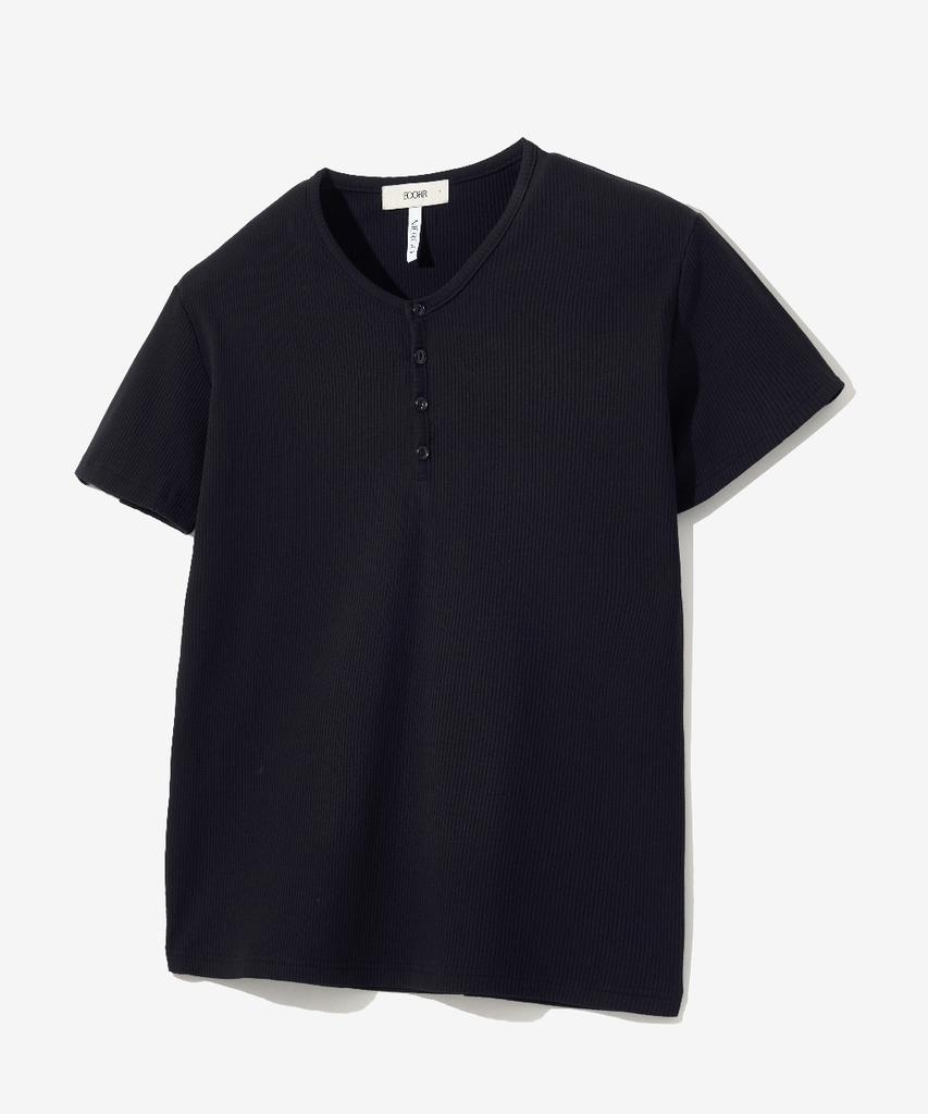 ECORR [Ecr X Mergo] Ribbed Round Henley Neck Short Sleeve T-Shirt : 4 Colors