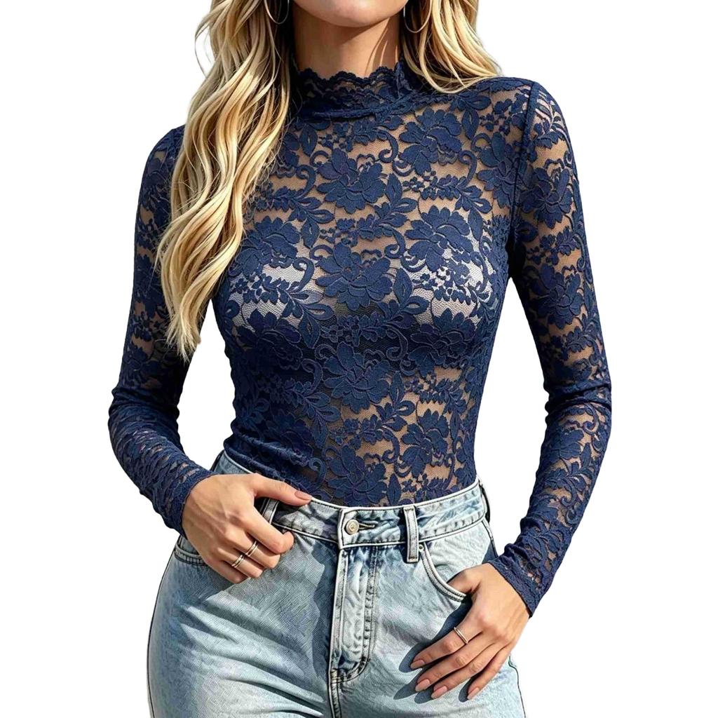 Women's Fashionable Sheer Lace Mesh Long Sleeve Blouse for Going Out