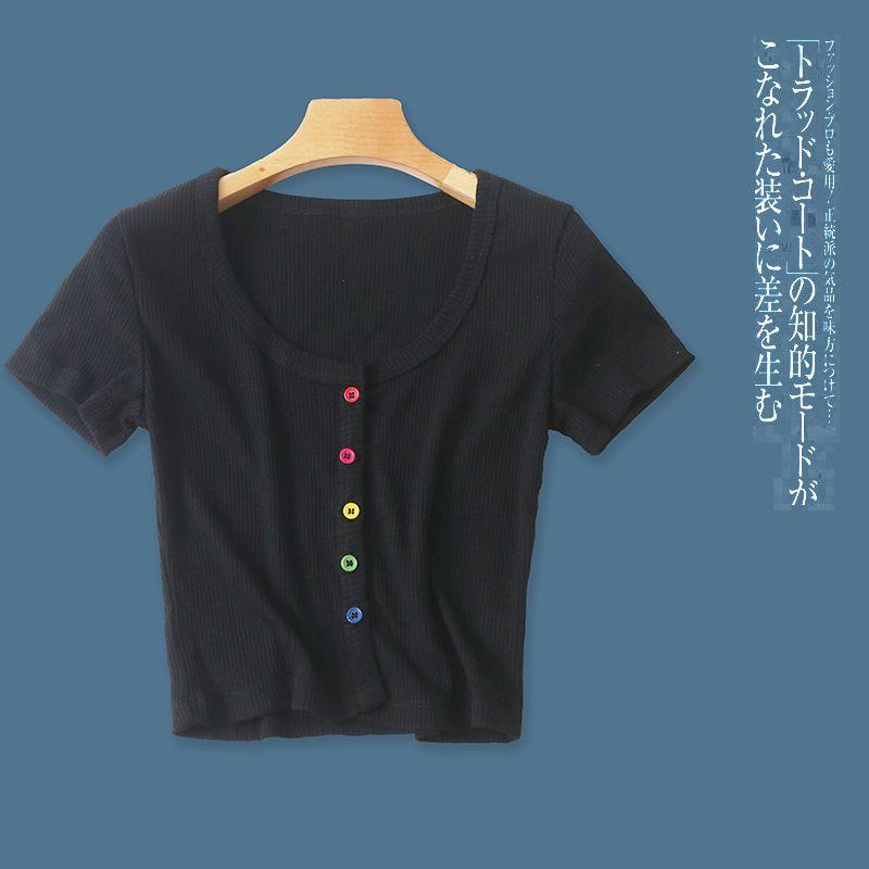 

Минималистичный Универсальный Разноцветный Однобортный Вязаный Хлопок с Коротким Рукавом Black C- 1-24-5 S