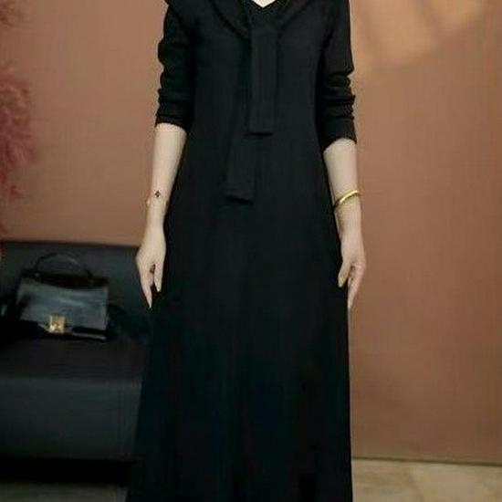 2025 Autumn/Winter Women's Long-Sleeve Loose Slimming Mid-Length Solid Color Dress