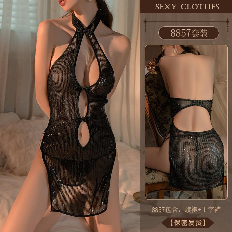 Ερωτικά Εσώρουχα, Σέξι και γυαλιστερό cheongsam, νυχτικό με κοψίματα και σκίσιμο, Καυτό στολίδι νυχτερινού κλαμπ, Ελκυστικό Σετ 8857