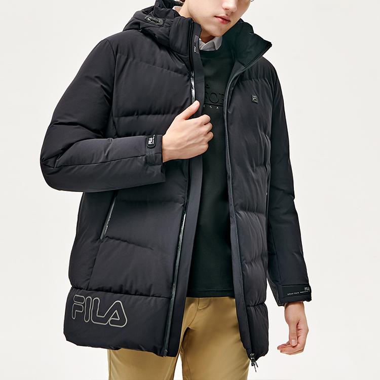 Fila Fleece Letter Hooded Mid-Length Down Jacket Men Outerwear Black F11M147902F-BK