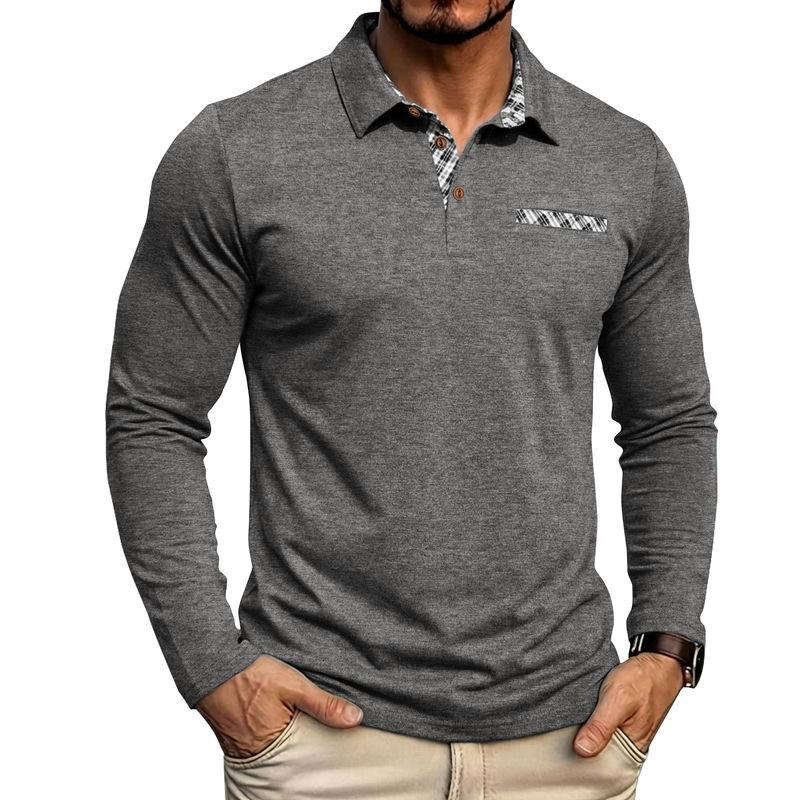 

American Style Spring Autumn Men s Polo Shirts Long Sleeve Smart Casual Turn Down Collar Pull On Polos Man 2XL темно-сірий