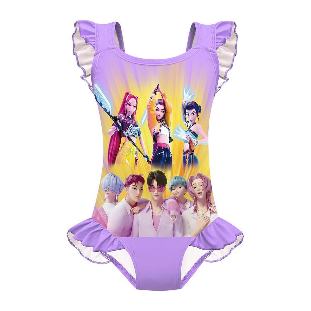 Unique Outfit 20828 Kinderen Meisjes KPOP Rumi Zoey Mira Sajaboys Print Ruches Mouwloos Eendelig Zwempak Zwemkleding 100cm paars