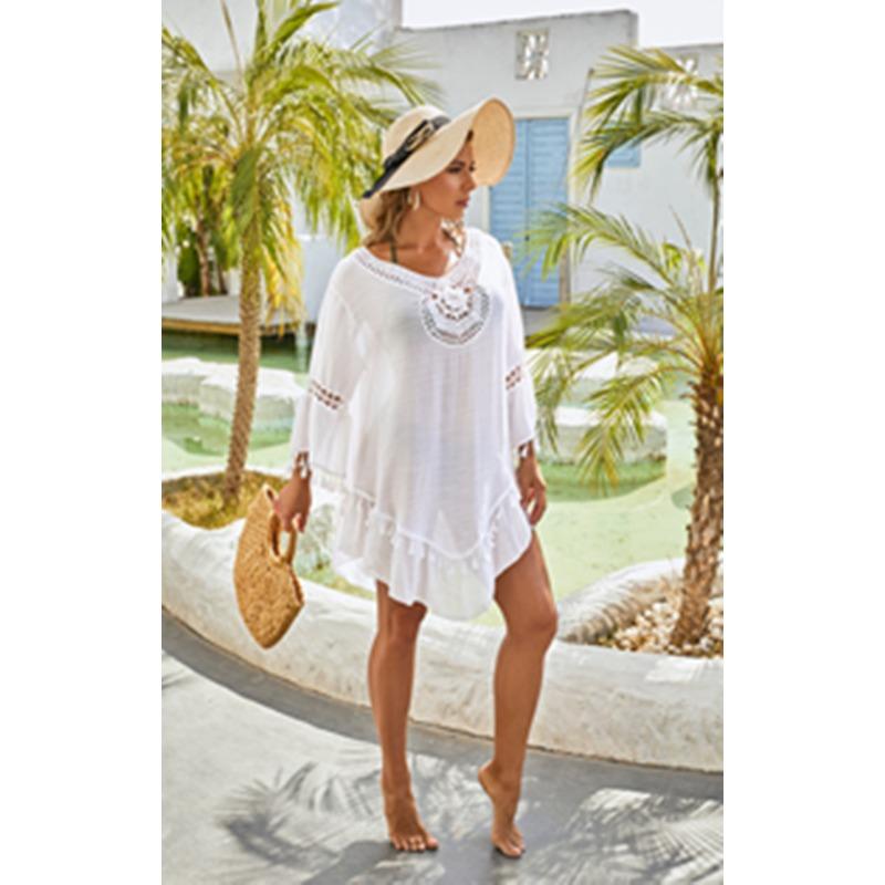 Women White Loose Crochet Flower Hollow Tassel Beach Cover Up Bikini Outerwear