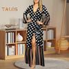 Women's Summer Wrap Maxi Dress Long Sleeve Deep V-Neck Dot Printed Lace Up Dress Split Flowy Beach Long Dress