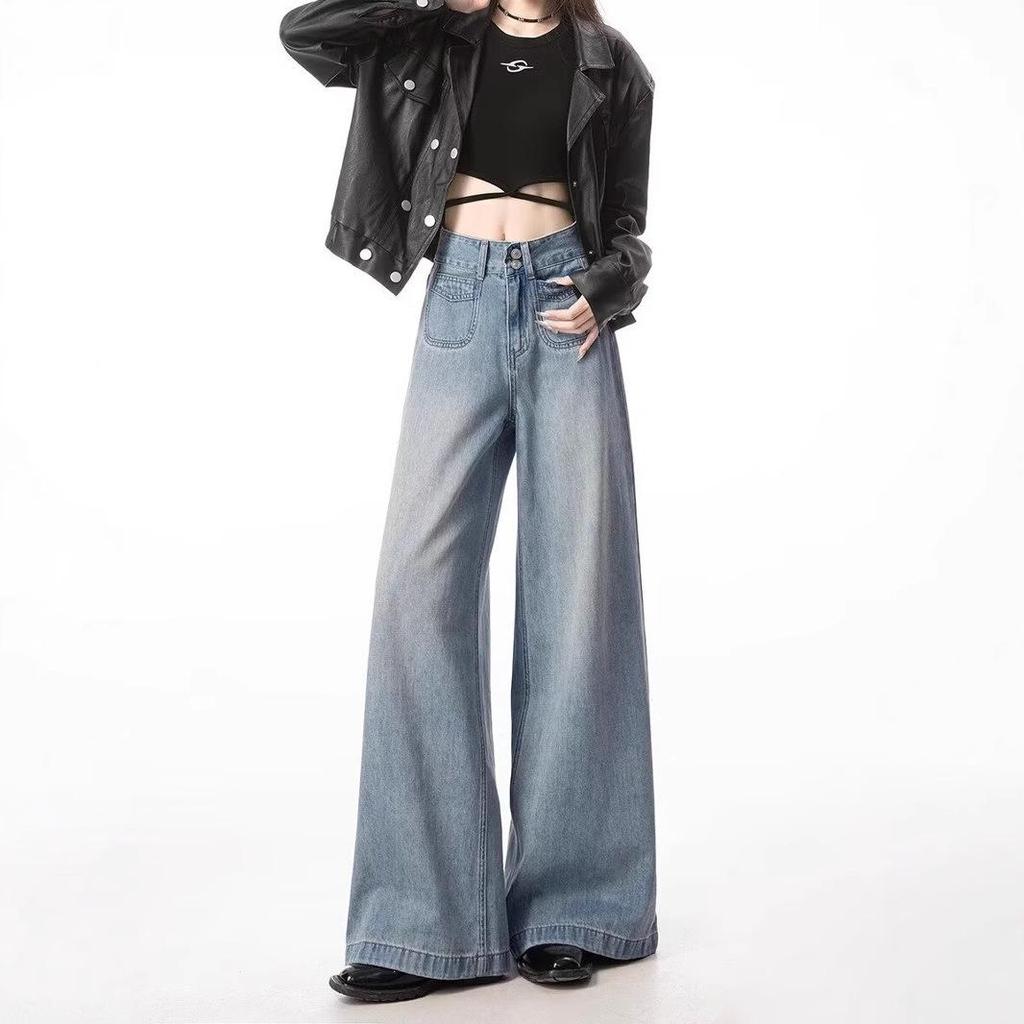 Women's Light Blue High-Waisted Wide-Leg Jeans - 2024 Spring/Autumn, Loose Casual Slimming Fit