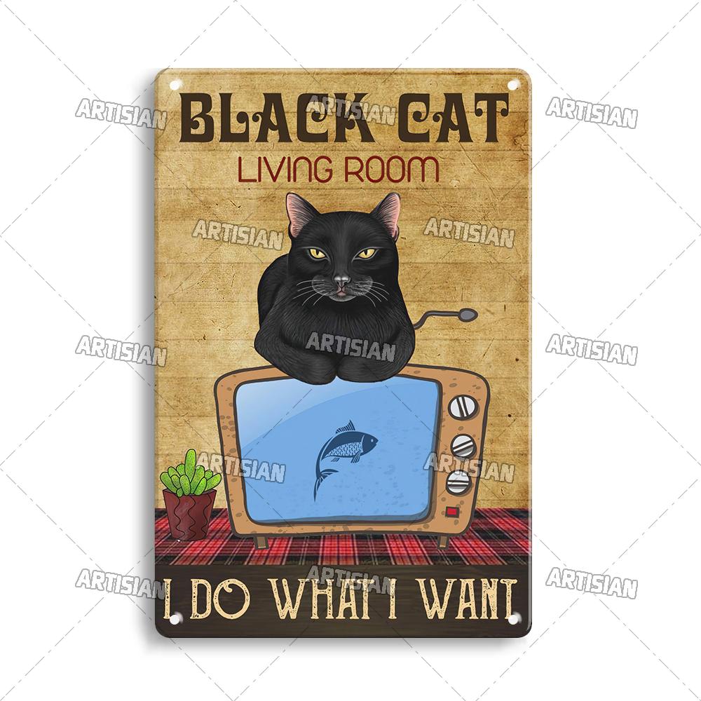 Pôster de Metal Retrô Gato Preto Artista Animal de Estimação Engraçado Vintage Decorativo Placa de Estanho Garagem Bar Pub Clube Cozinha Casa Decoração de Parede Caverna do Homem