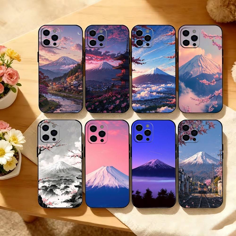 Dreamy Mount Fuji Phone Case For iPhone 17,16,15,14,13,12,11 Plus,Pro Max,XS,Soft Silicone Black Cover