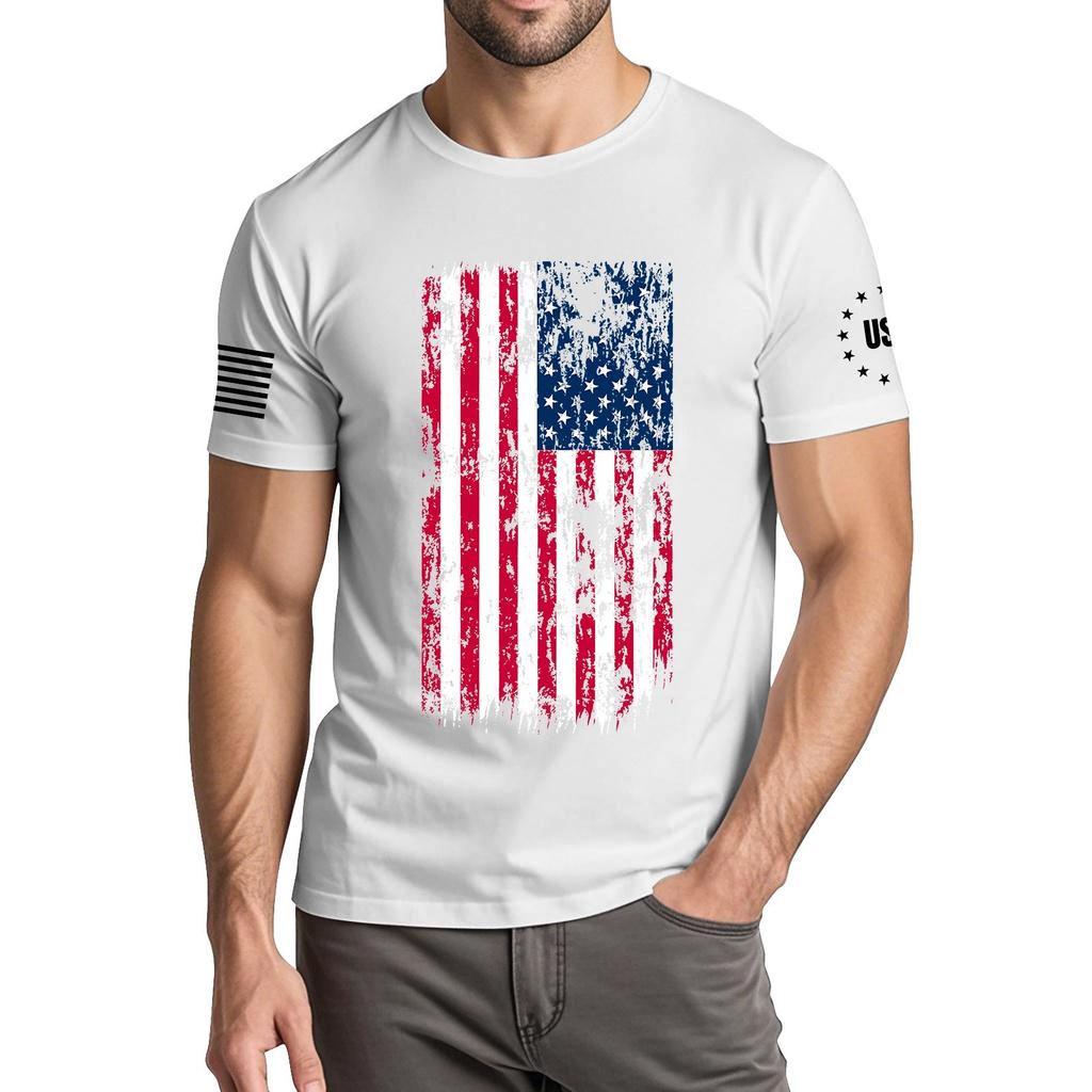Menns moteriktige avslappede Independence Day trykte t-skjorte med rund hals og korte ermer