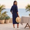 Abito casual da donna con bottoni frontali e doppie tasche sul petto, misto lino, lunghezza midi, vestibilità rilassata, abito camicia per l'uso quotidiano