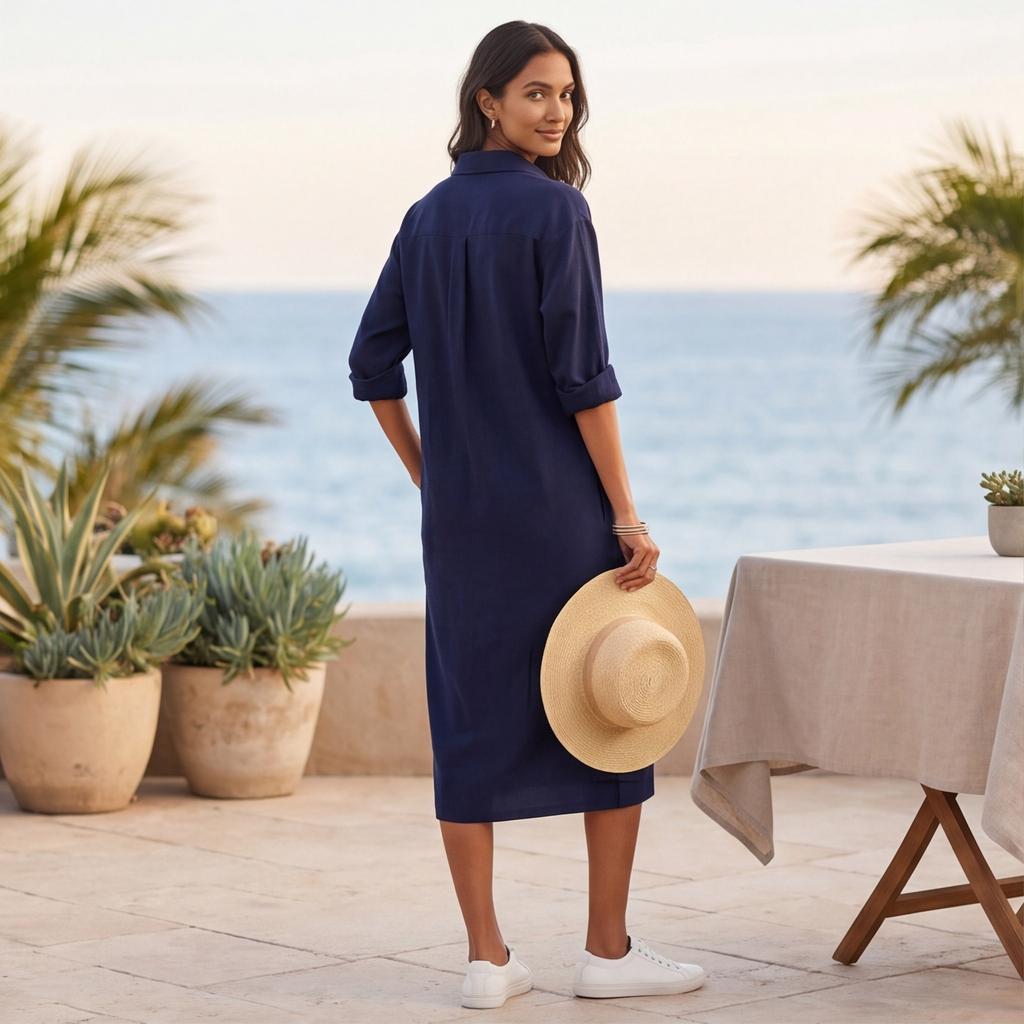 Abito casual da donna con bottoni frontali e doppie tasche sul petto, misto lino, lunghezza midi, vestibilità rilassata, abito camicia per l'uso quotidiano