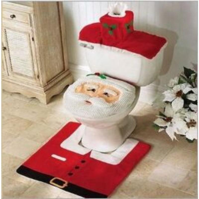 3pcs Santa Claus Toilet Cover With Foot Pad And Water Tank Cover+Tissue Cover Toilet Decoration Set Bathroom Decoration