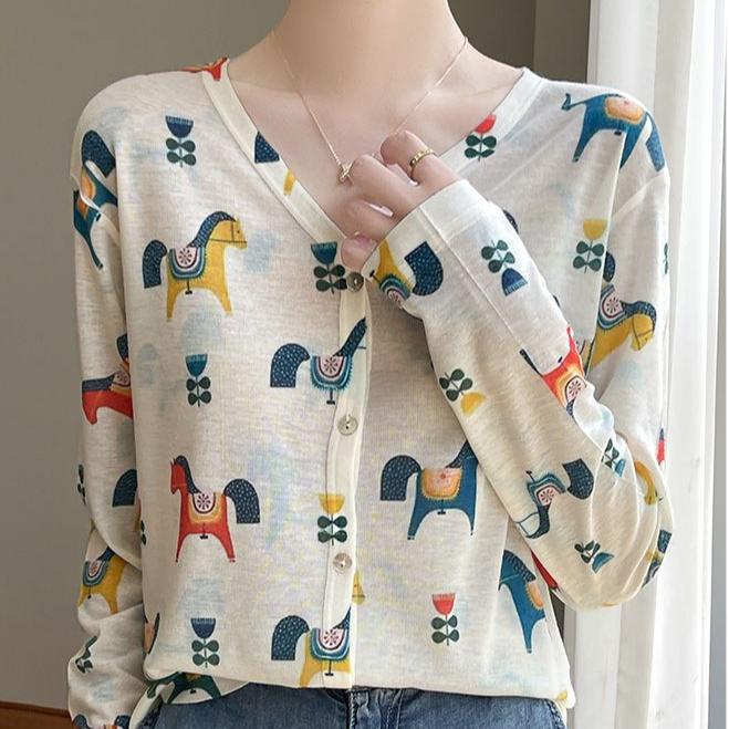 Cardigan subțire de damă Primăvară Vară Cardigan tricotat cu imprimeu mătase Jachetă Mânecă lungă Larg Top tricotat cu protecție solară