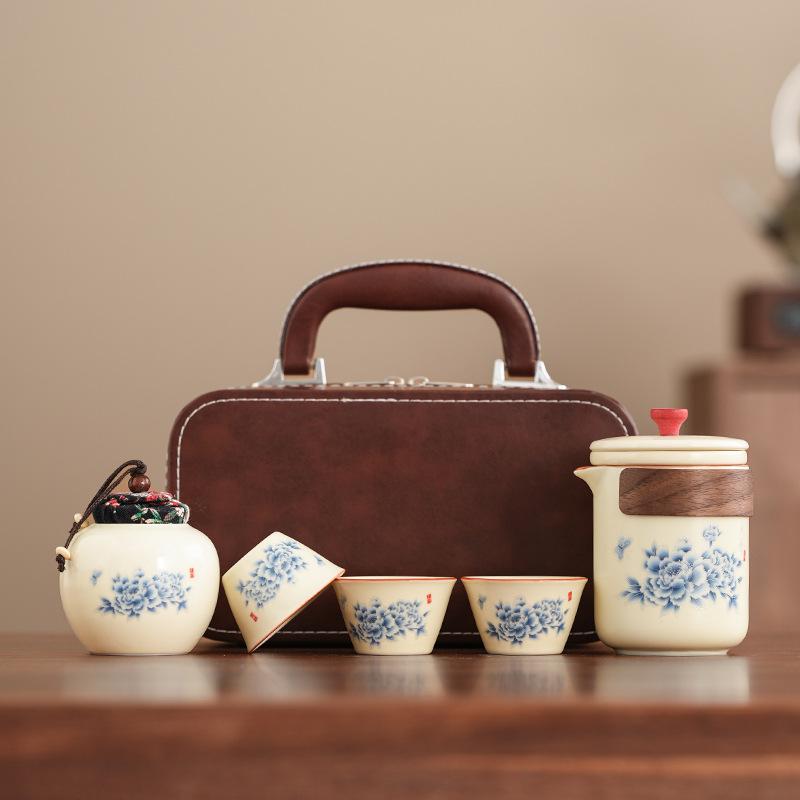 Premium Ru kiln travel business trip tea set Tianxiang Peony portable car ancient rhyme tea set can be customized gifts