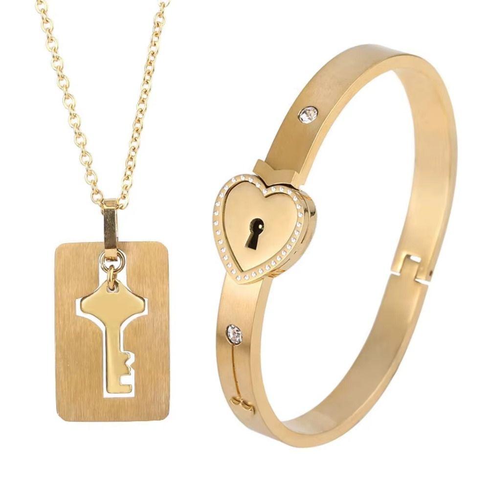 Gold Silver Heart Lock Bracelets Stainless Steel Key Pendant Necklace Women Men