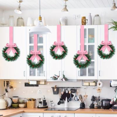 Christmas Kitchen Cabinet Wreath with Ribbon Small Red Berry Window Wreath with Bow for Farmhouse Front Door Christmas Party Decoration
