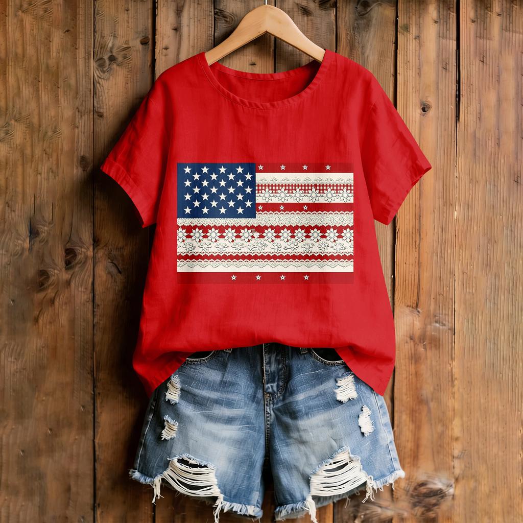 Women's American Floral Patchwork Print Casual T-Shirt 250Th Anniversary USA Shirt Patriotic Tshirt