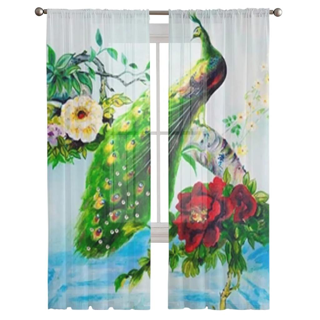 Peacock Chinese Roses Sheer Curtains Bedroom Voile Curtain Living Room Window Sheer Curtains Kitchen Tulle Drapes