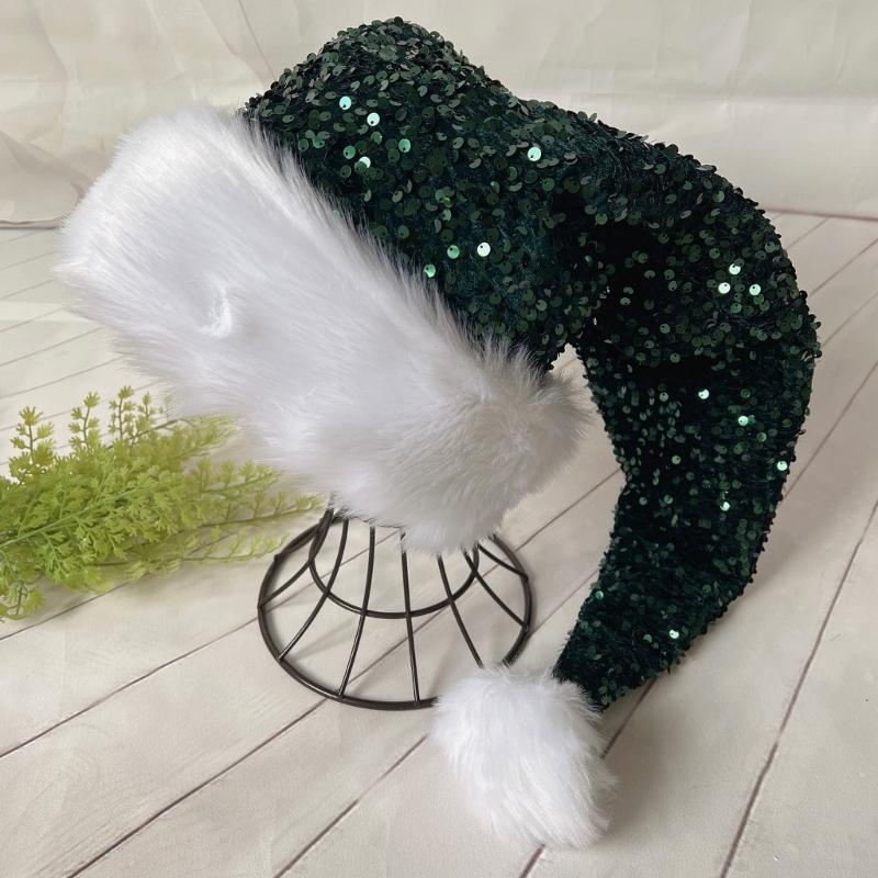 Adult Santa Hat with Sequins Thicken Plush for Holiday Comfort Liner Christmas New Year Symbol Cap with White Brim