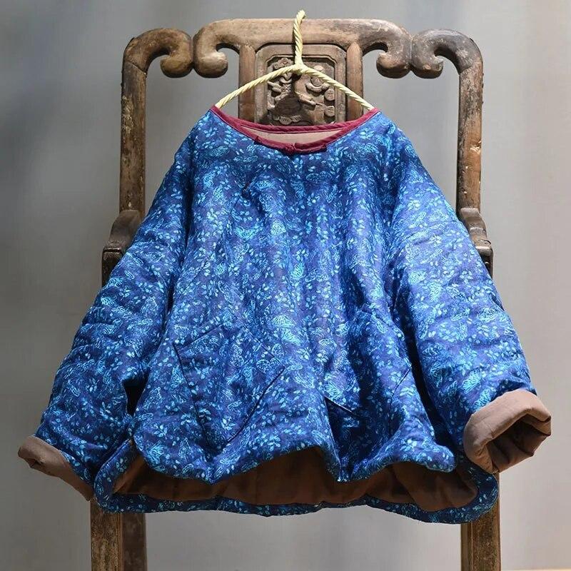 Johnature Dámské lněné zimní parky v čínském stylu s květinovým potiskem, s kulatým výstřihem a dlouhým rukávem, vintage teplé dámské parky