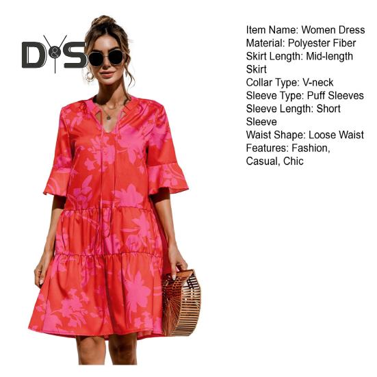 Women's Summer Mini Dress Puff Short Sleeve V Neck Pleated Dress Boho Printed A-Line Short Dress Beach Vacation Tiered Flowy Sundress