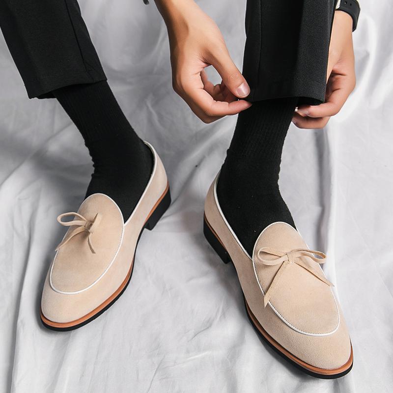 Luxury Designer Suede Leather Shoes Men Pointed Toe Bowtie Loafers Wedding Dress Prom Formal Footwear Sapatos Tenis Masculino