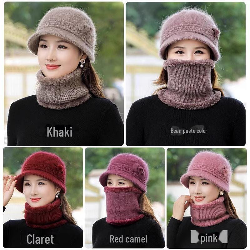 Elegantní vlněná čepice a šála pro zralé ženy - Plus sametově hřejivé, pletenina z veverčí vlny, všestranný design pro podzim/zimu