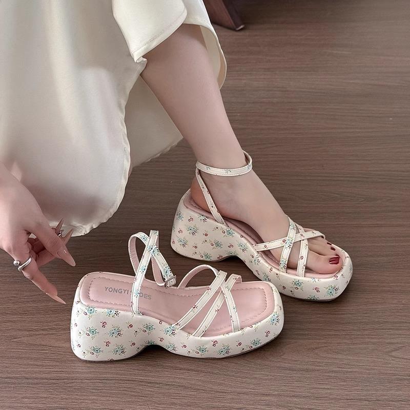 Fashion Hot Selling 2025 Summer Women Floral Platform Wedges Heel Female Sandals Fashion Narrow Band Ladies Elegant Gladiator Sandalias