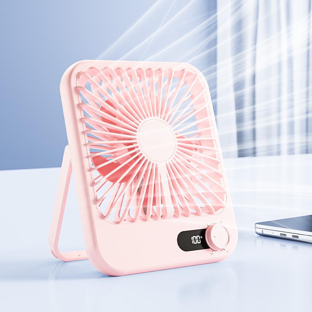 Silent desktop fan, rechargeable, with LED display - battery/USB powered розовый