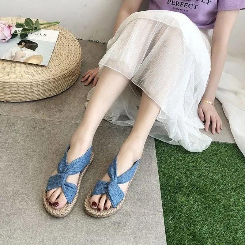 Women's Summer Flat-bottomed Sandals All-match Denim Cloth Cover Roman Shoes Korean Version Non-slip Wear-resistant Sandals Slippers