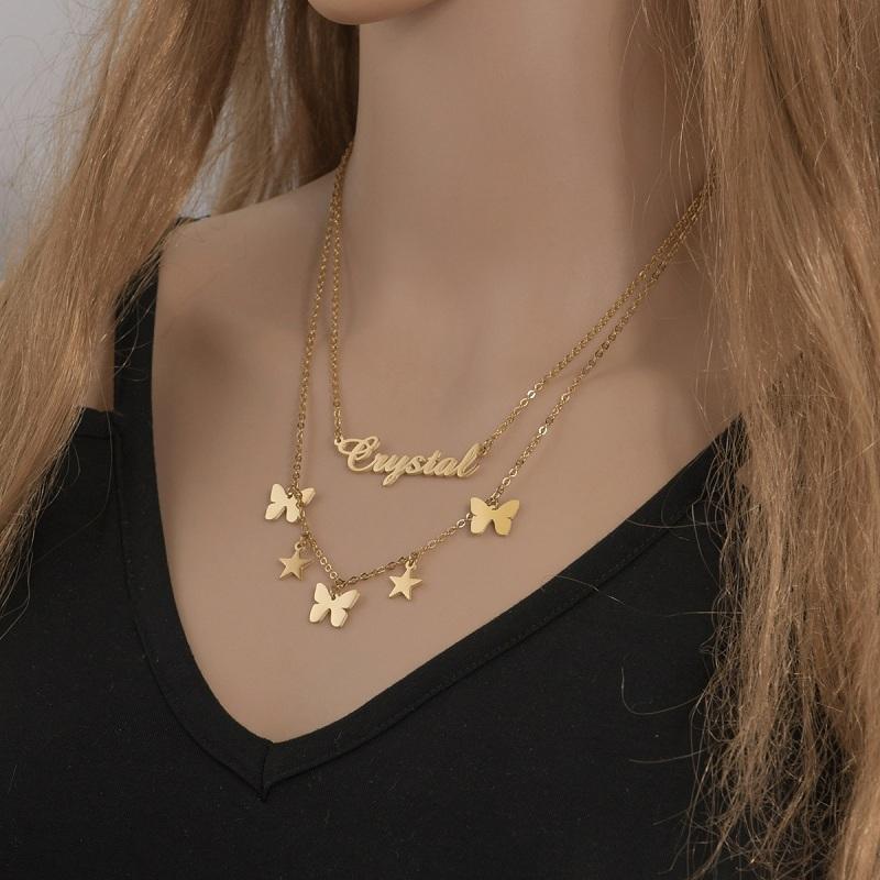 Atoztide Custom Name Necklace Star Butterfly Choker Stainless Steel Summer Letter Double Layers Pendant Jewelry for Women Gift