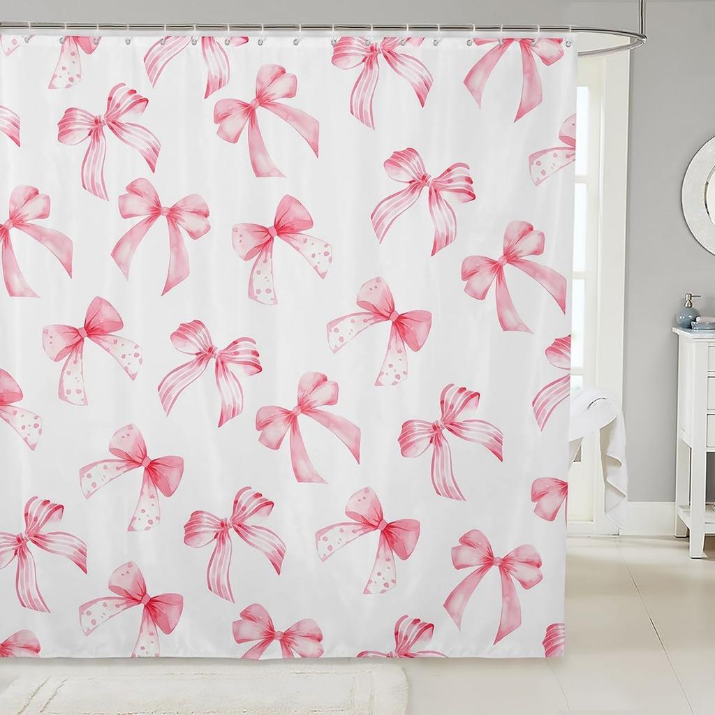 Feelyou Pink Bow Bath Curtain for Kids Boys Girls 72"x72" Cute Dreamy Princess Style Shower Curtain Waterproof Bow Pattern Bathroom Shower Curtain